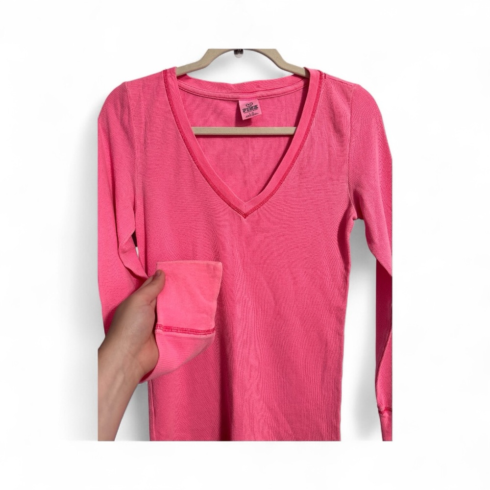 PINK Victoria's Secret neon hot pink Long Sleeve V-Neck - Picture 5 of 5